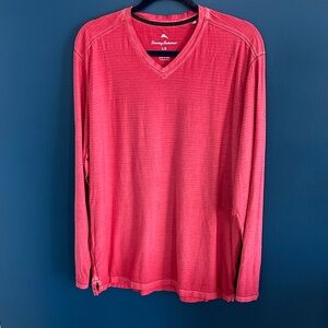 Men's Tommy Bahama distressed red Long Sleeve V-Neck tee Shirt